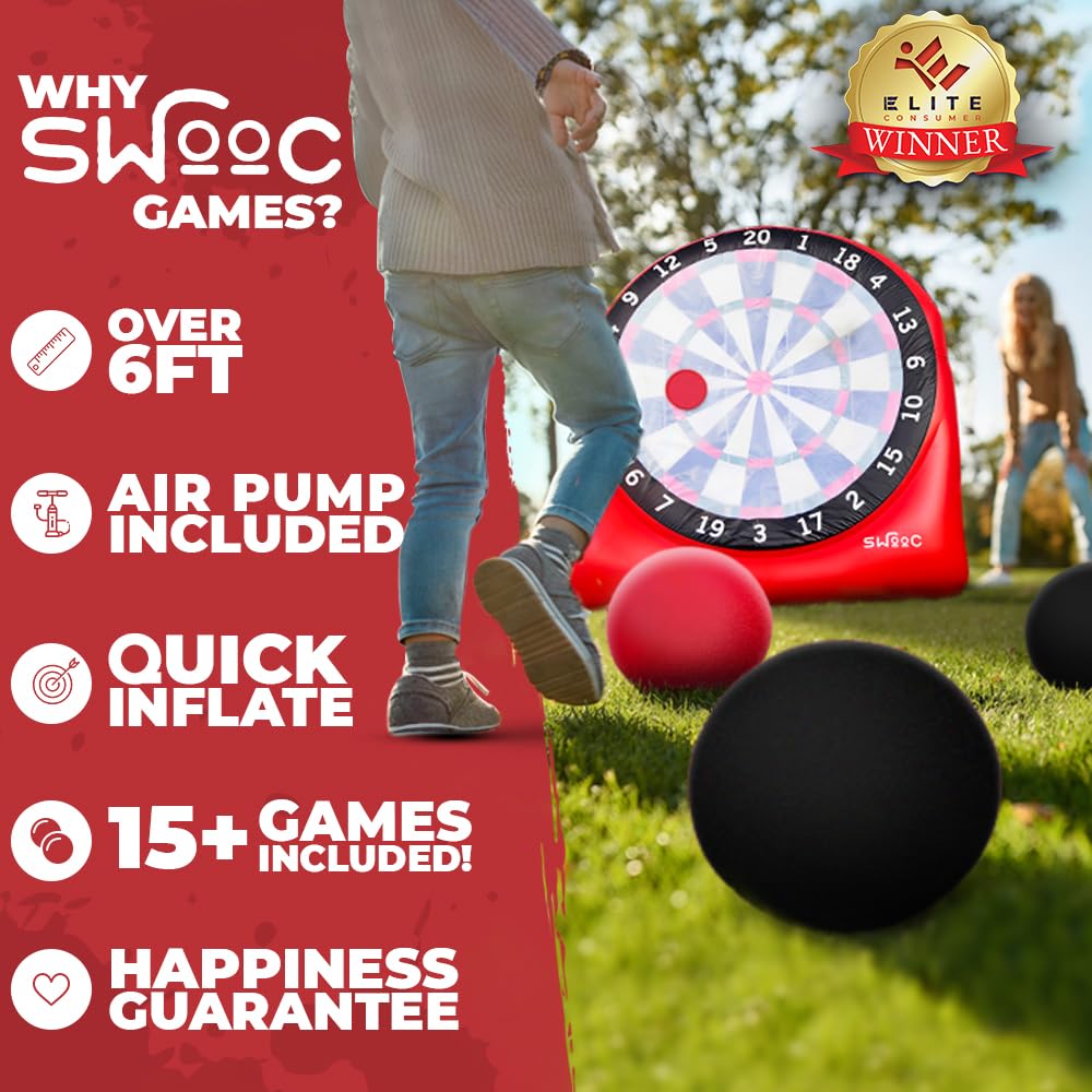 SWOOC Games - Giant Kick Darts with 15+ Games Included - Jumbo Soccer Darts with Air Pump - Big Inflatable Games - Carnival Games - Giant Outdoor Games & Activities - Giant Yard Games