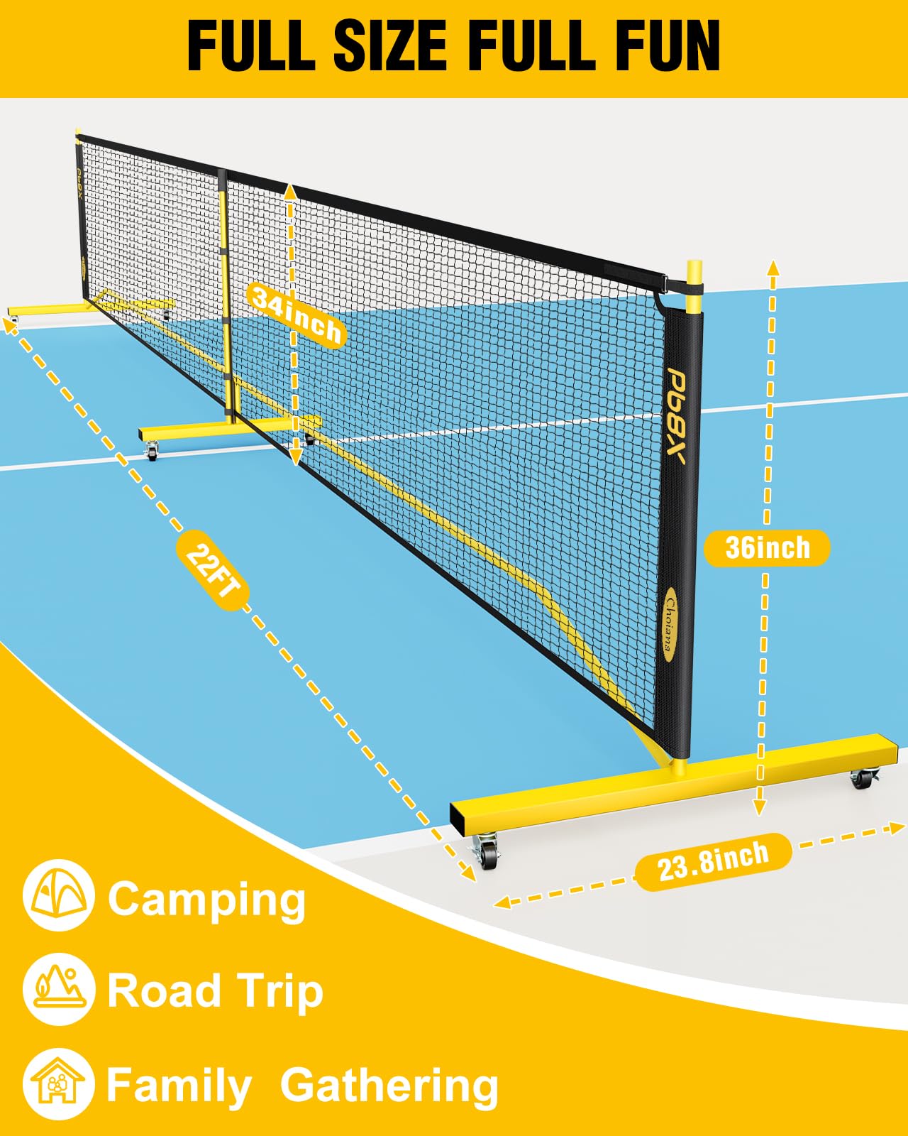 Choiana Pickleball Net with Wheels, Pickle Ball Net Portable Outdoor with 22ft Regulation Size Net, Court Markers, Durable Frame PE Knited Pickleball Practice Net System for Backyard Driveway