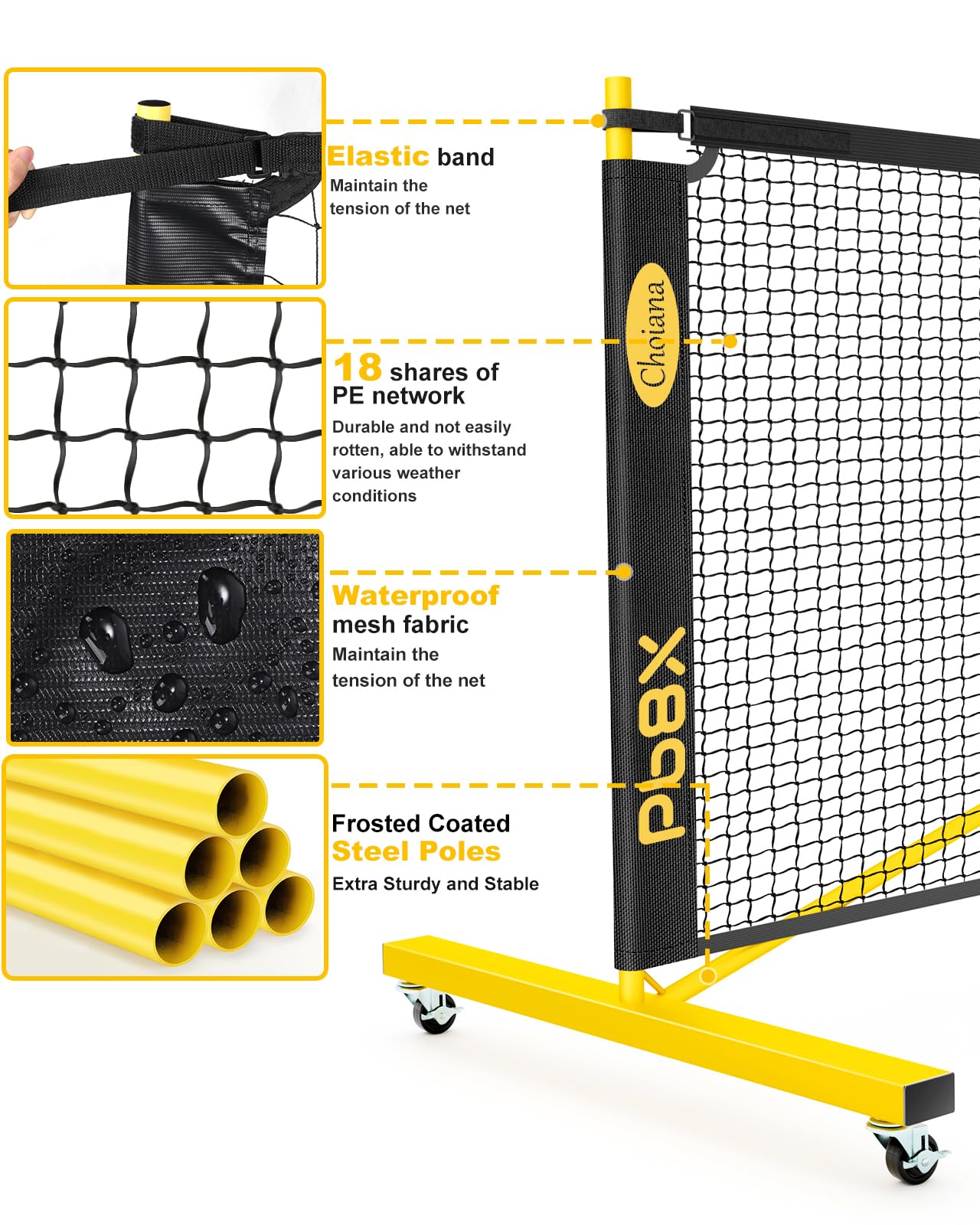 Choiana Pickleball Net with Wheels, Pickle Ball Net Portable Outdoor with 22ft Regulation Size Net, Court Markers, Durable Frame PE Knited Pickleball Practice Net System for Backyard Driveway