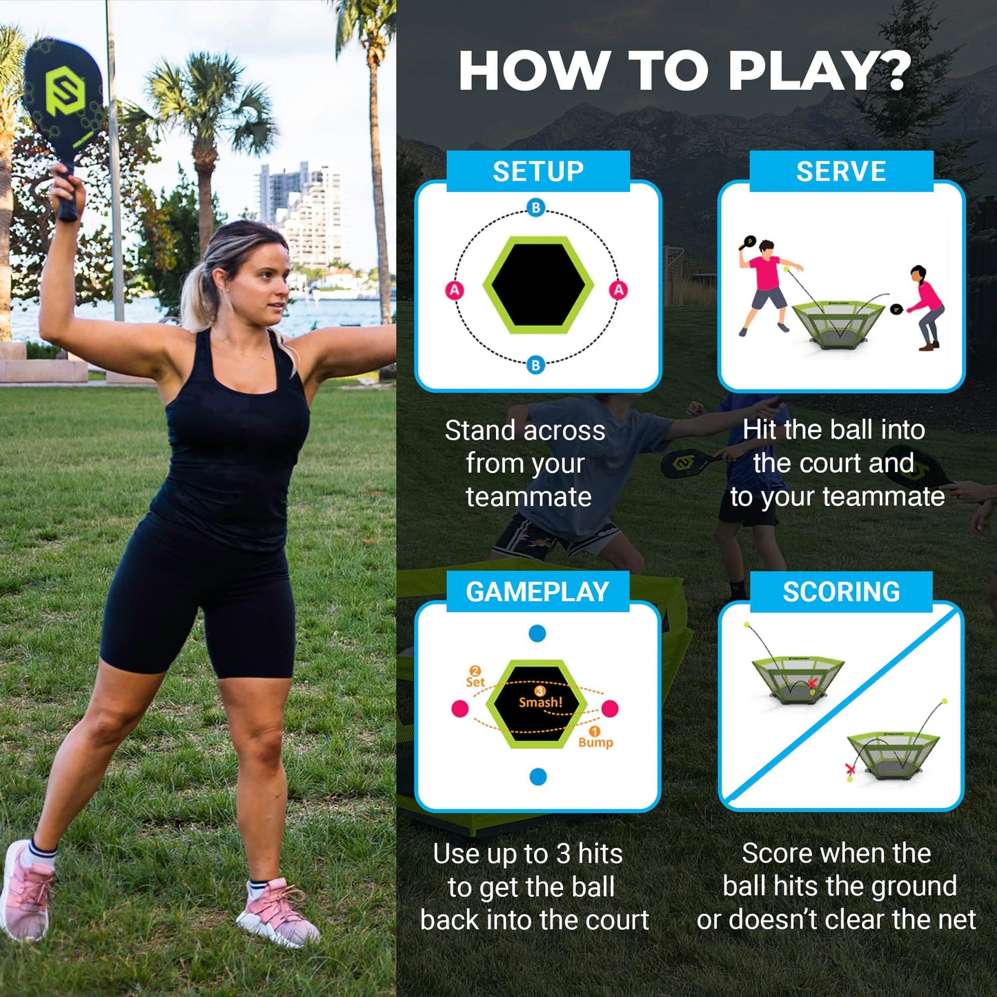PaddleSmash - Pickleball Yard Game, As Seen on Shark Tank - Beach, Backyard, Lawn, Outdoor Activities for Adults and Family - Easy Assembly, Includes 4 Paddles, 2 Balls & Case