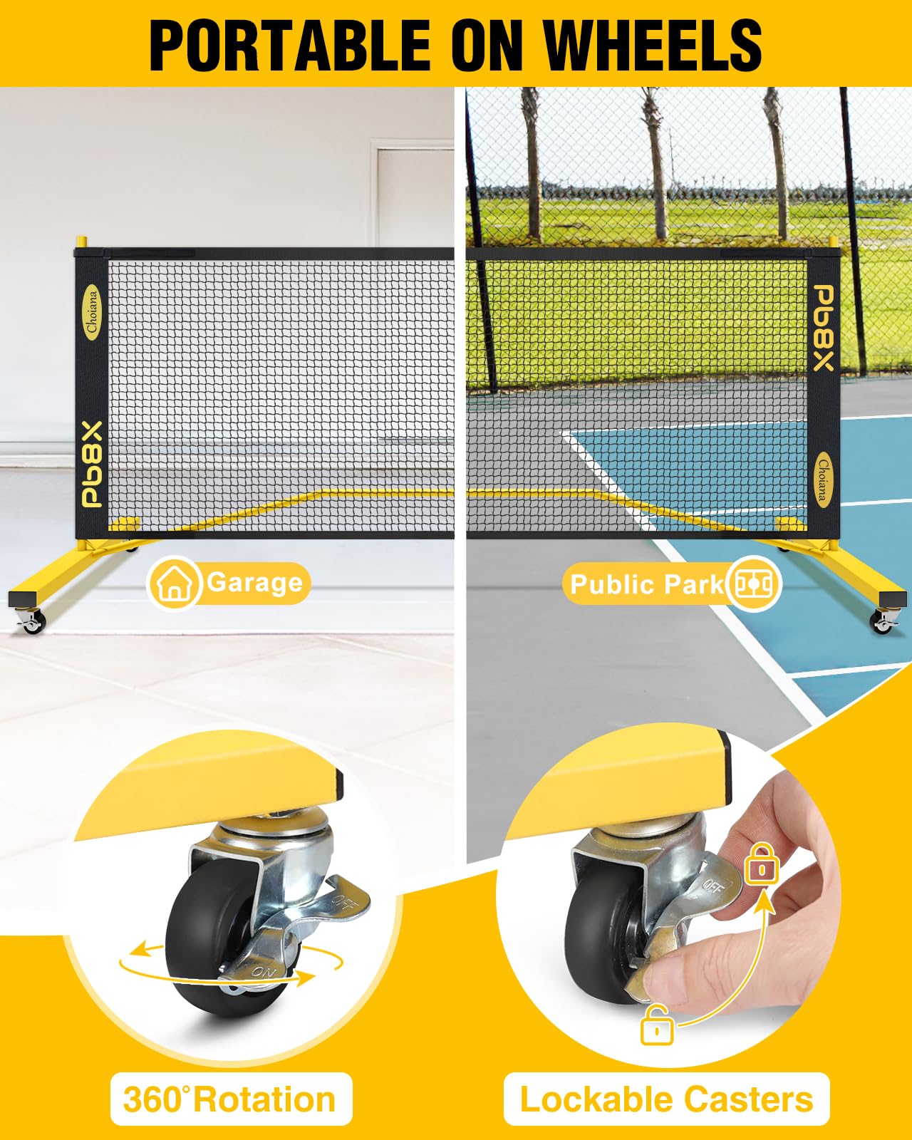 Choiana Pickleball Net with Wheels, Pickle Ball Net Portable Outdoor with 22ft Regulation Size Net, Court Markers, Durable Frame PE Knited Pickleball Practice Net System for Backyard Driveway