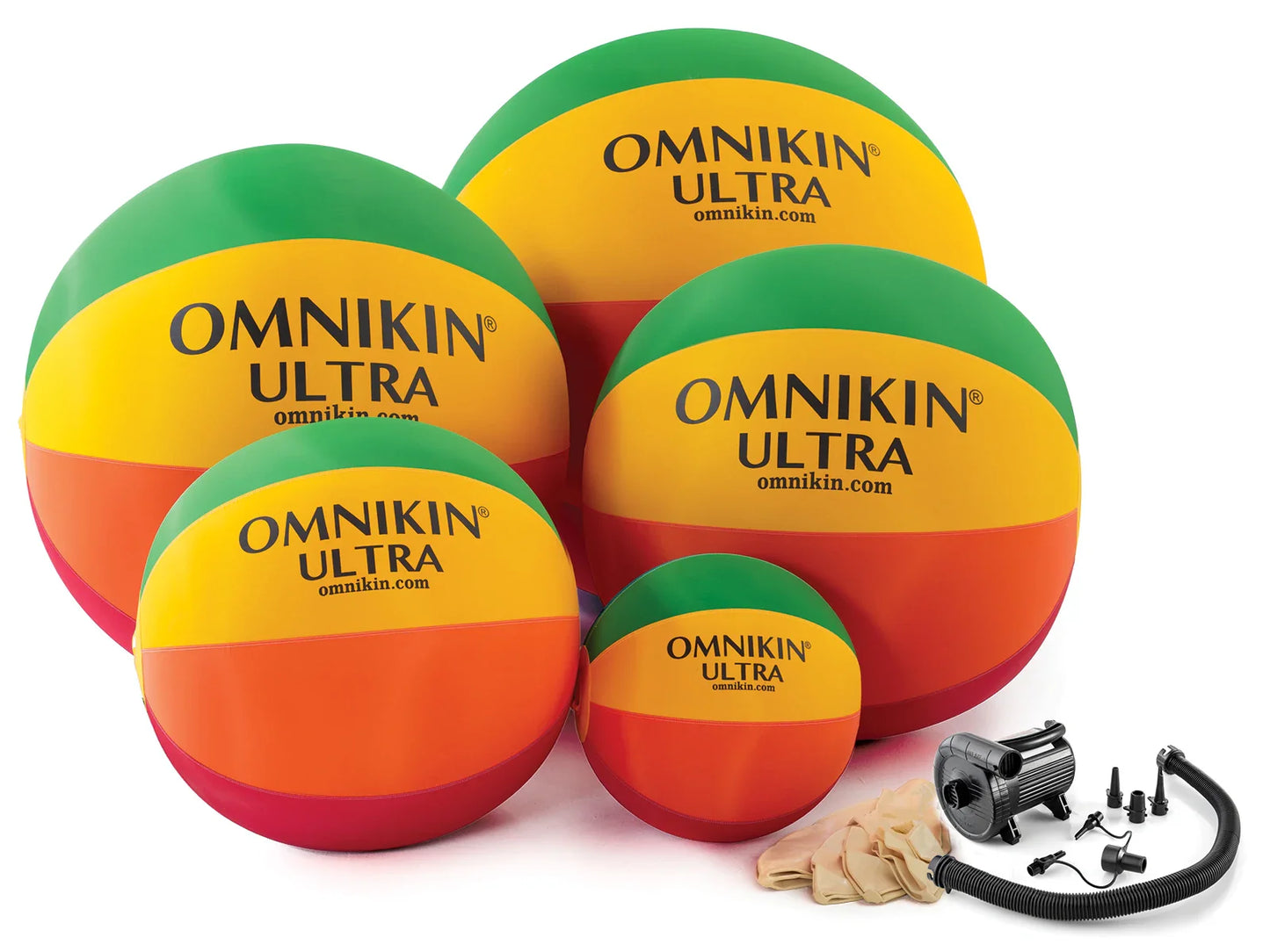 Various sizes of multicolored Omnikin Ultra balls with extra bladders and an inflation pump. 