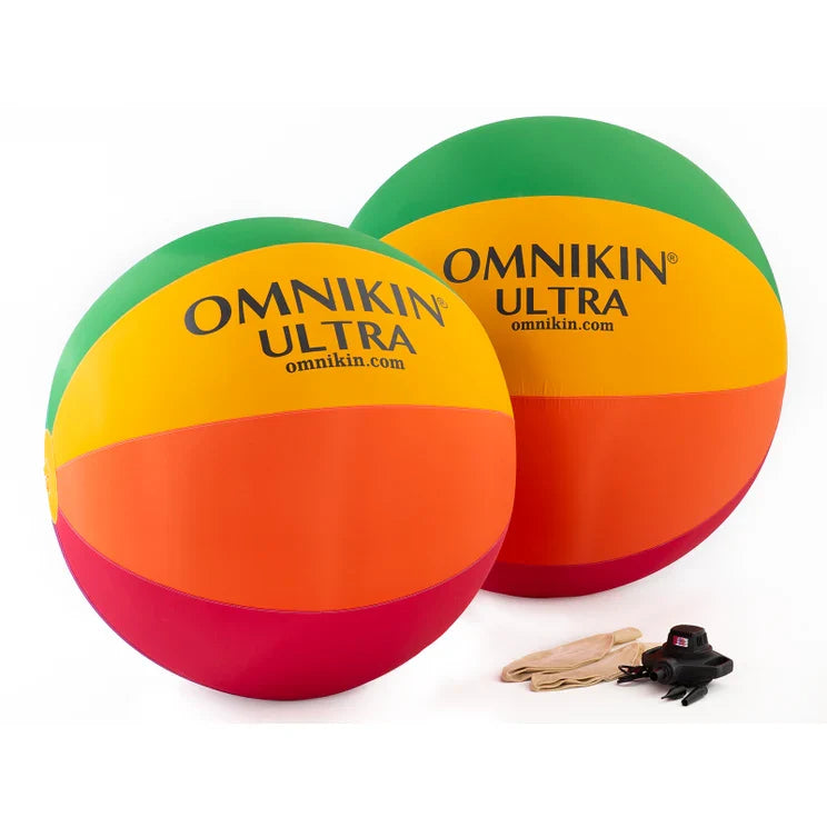 Two multicolored Omnikin Plus balls with extra bladders and an inflator. 